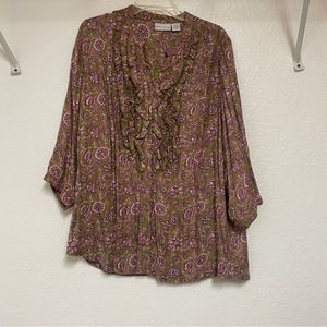 Soft Surroundings womens floral ruffle button up button  blouse shirt  top green